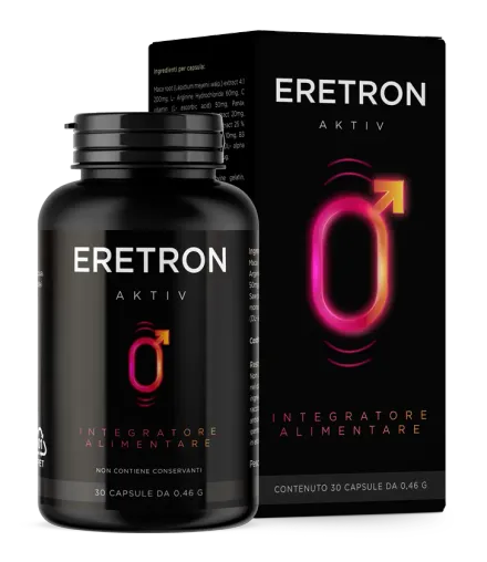 Confezione di Eretron Aktiv: scatola e flacone da 30 capsule